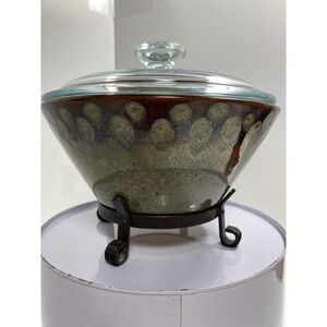VTG Teleflora 8" Pottery Oven To Serve Drip Glaze Bowl Green Brown Lid & Stand